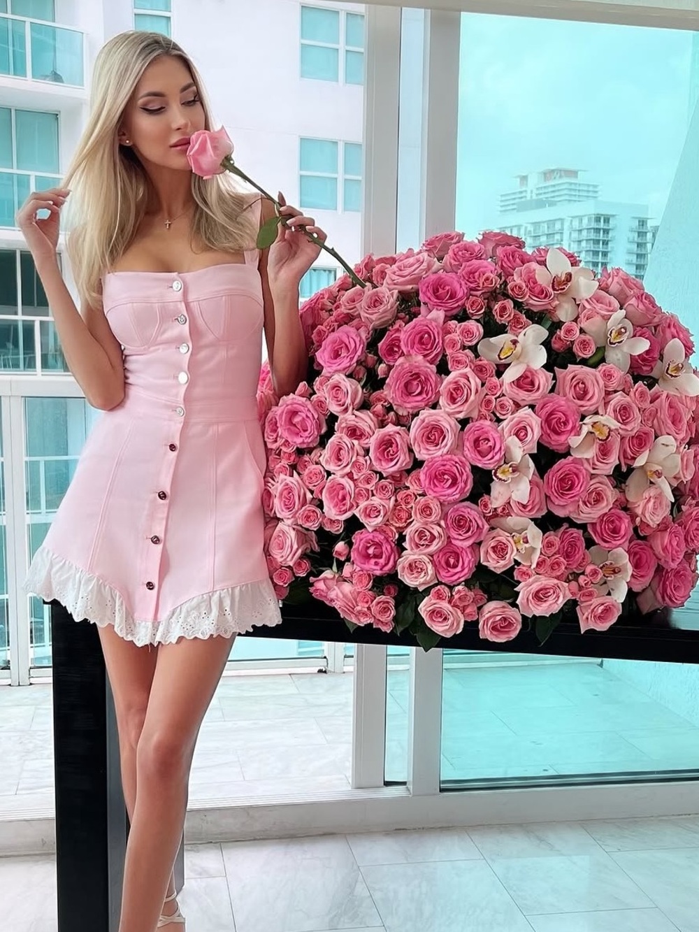 Pink Lace-Hem Button Front Mini Dress jean Material european brand Miss Diamond